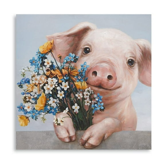 Pig Pictures Canvas Wall Art Animal Pink Pig Pictures Holding Flowers Canvas Print Farm Animals Picture Decor