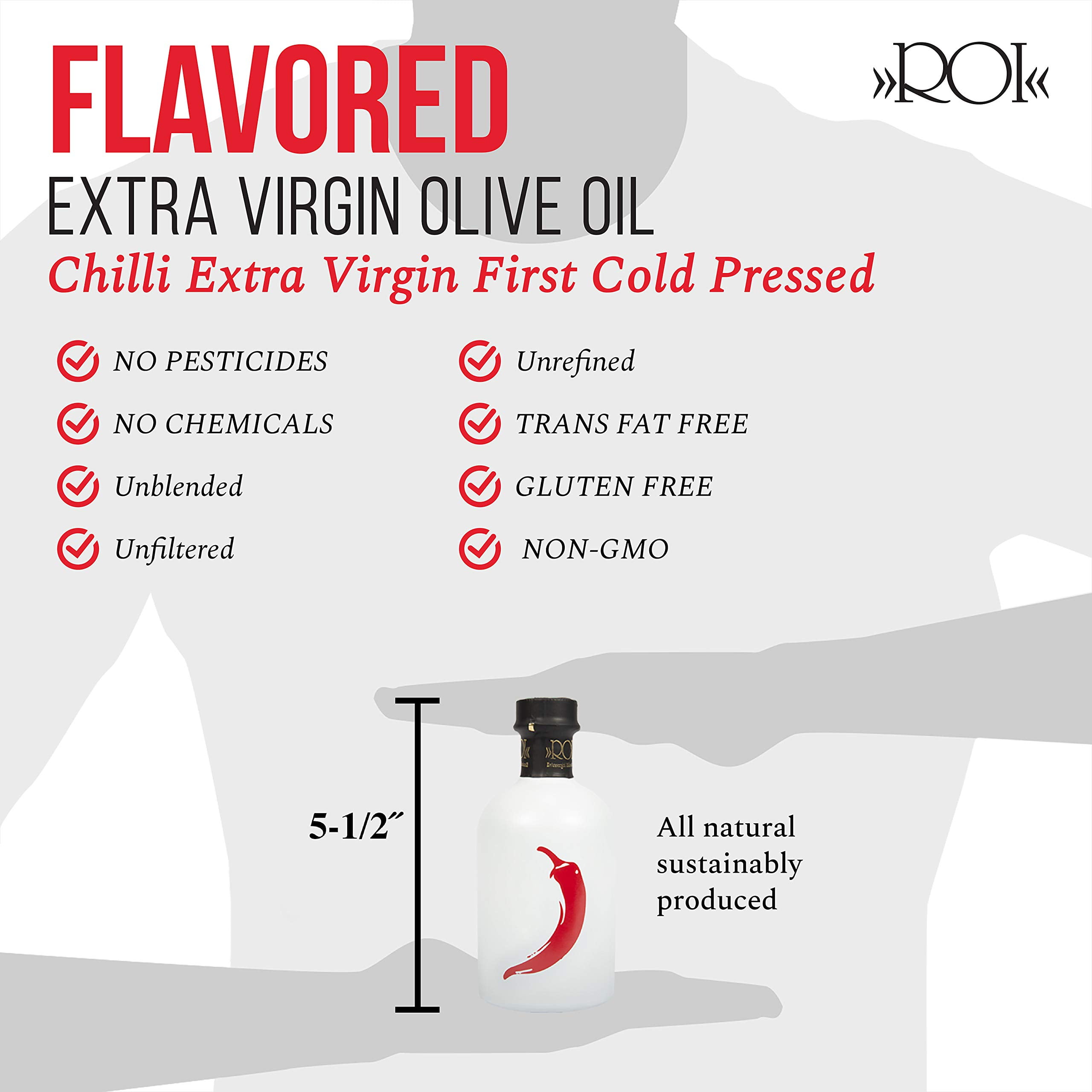 ROI Chili Infused Olive Oil - 100% Natural Flavored Italian Gourmet Extra Virgin Olive Oil Made in Italy, Cold Pressed with Real Chili Peppers, 8.45 fl oz (250 ml)