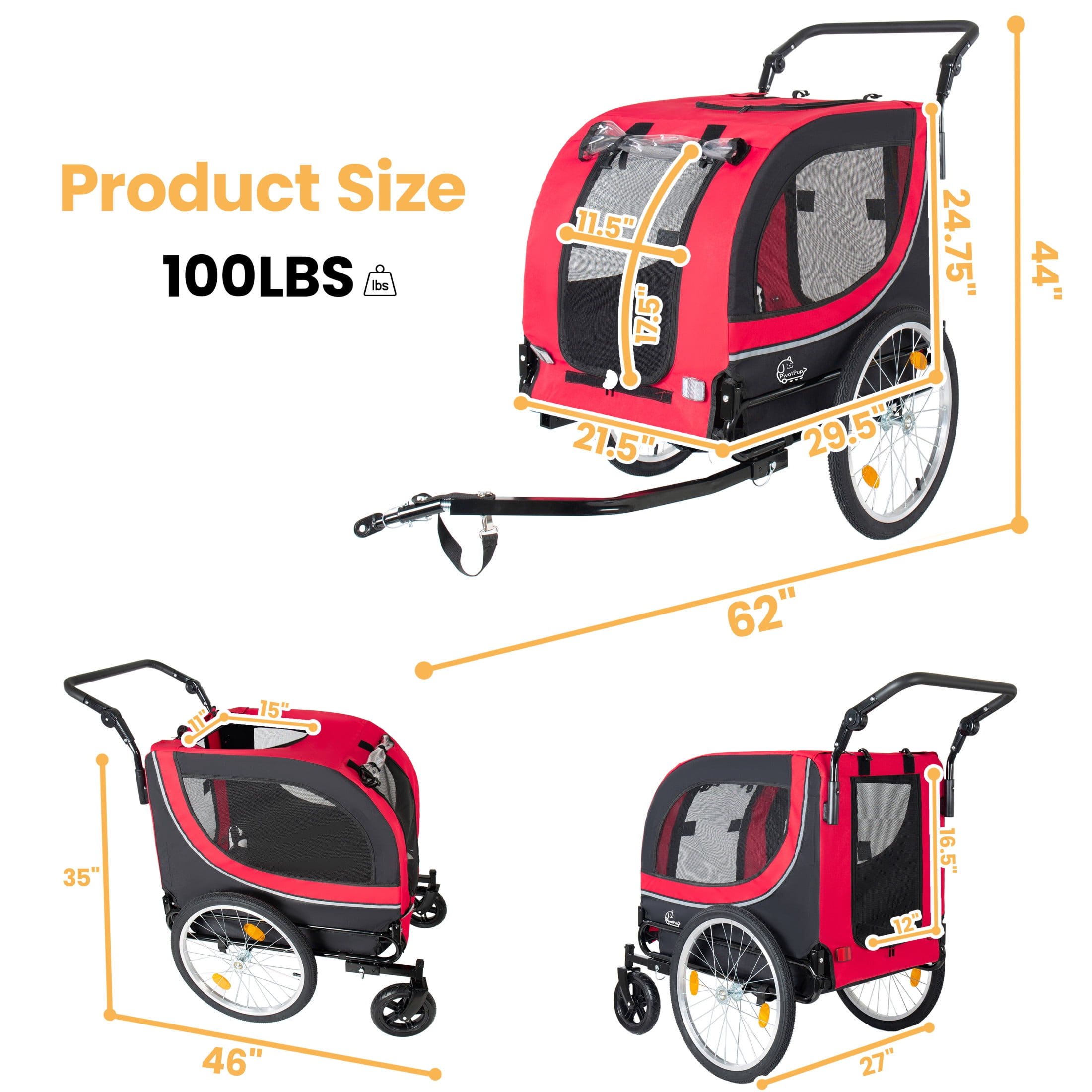 Noble House 2-in-1 Bike Trailer & Pet Stroller with Air-Filled Wheels & Breathable Mesh, Foldable Carrier Cart, Red