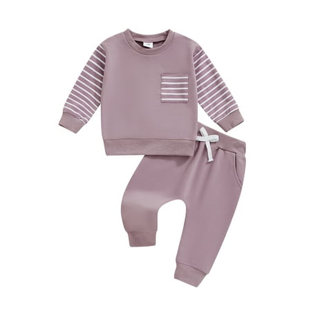 

FEORJGP 2 Piece Baby Boy Girl Casual Tracksuits Outfits 0-3T Toddler Striped Long Sleeve Sweatshirts Crew Neck Pullovers Tops Solid Sweatpants Elastic Comfy Daily Clothes Set for Spring Fall