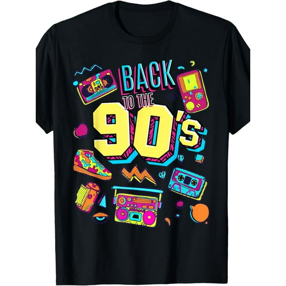 Retro 'Back to the 90's' Men's T-Shirt - Vibrant Graphic Design, 90% Cotton Blend, Short Sleeve, Crew Neck, Casual Streetwear Tee with Colorful Electronics Print