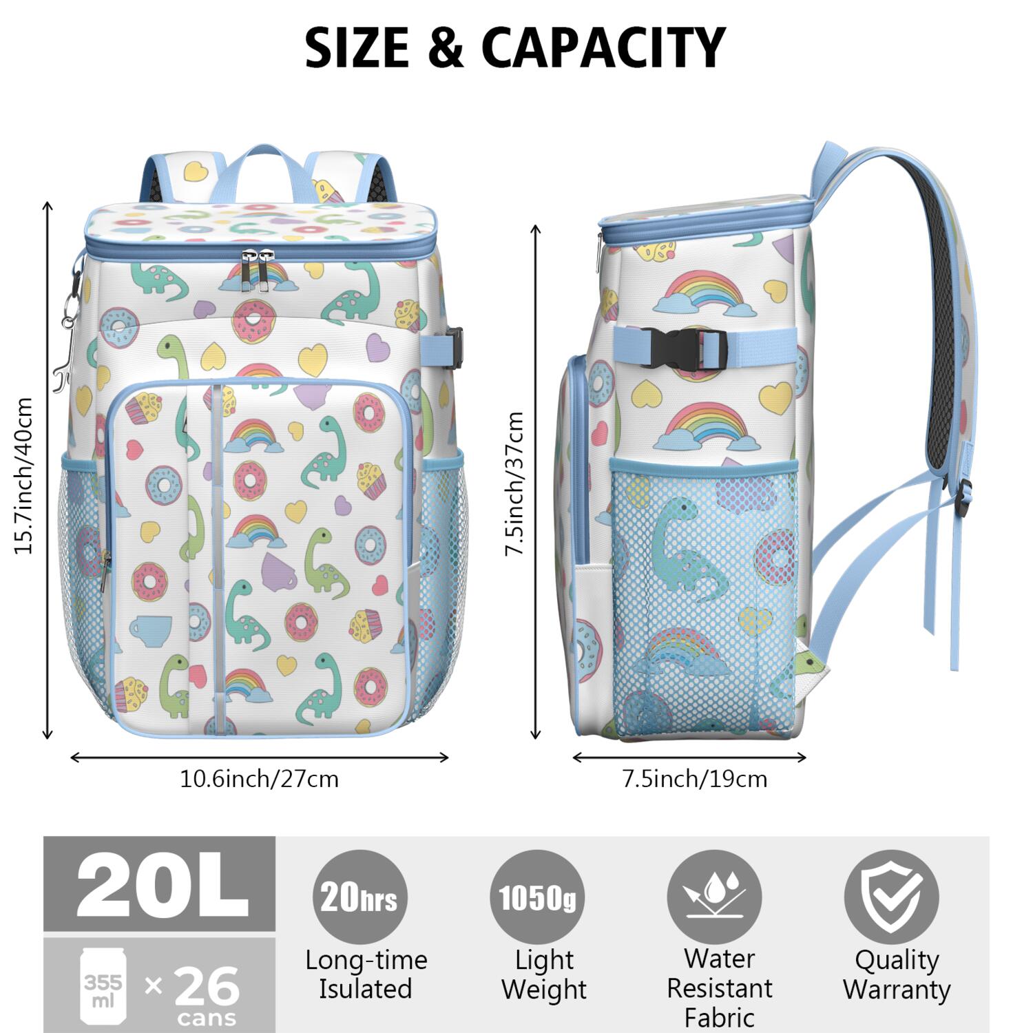 Travel Cooler Bag - Colorful Cartoon Dinosaurs Sweets Pattern Camping Beer Cooler Backpack with Bottle Opener- Waterproof Insulated Picnic Backpacks - Cooler Bag for Beach