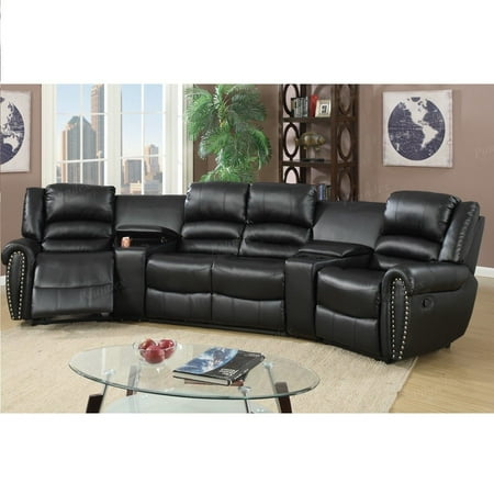 Black Bonded Leather Reclining Sofa Set Home Theater Sectional With Two Center Consoles