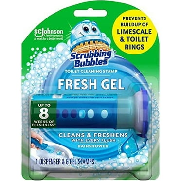 Scrubbing Bubbles Toilet Bowl Cleaning Gel Starter Kit, Includes Dispenser and Gel, Glade Rainshower Scent, 6 Stamps