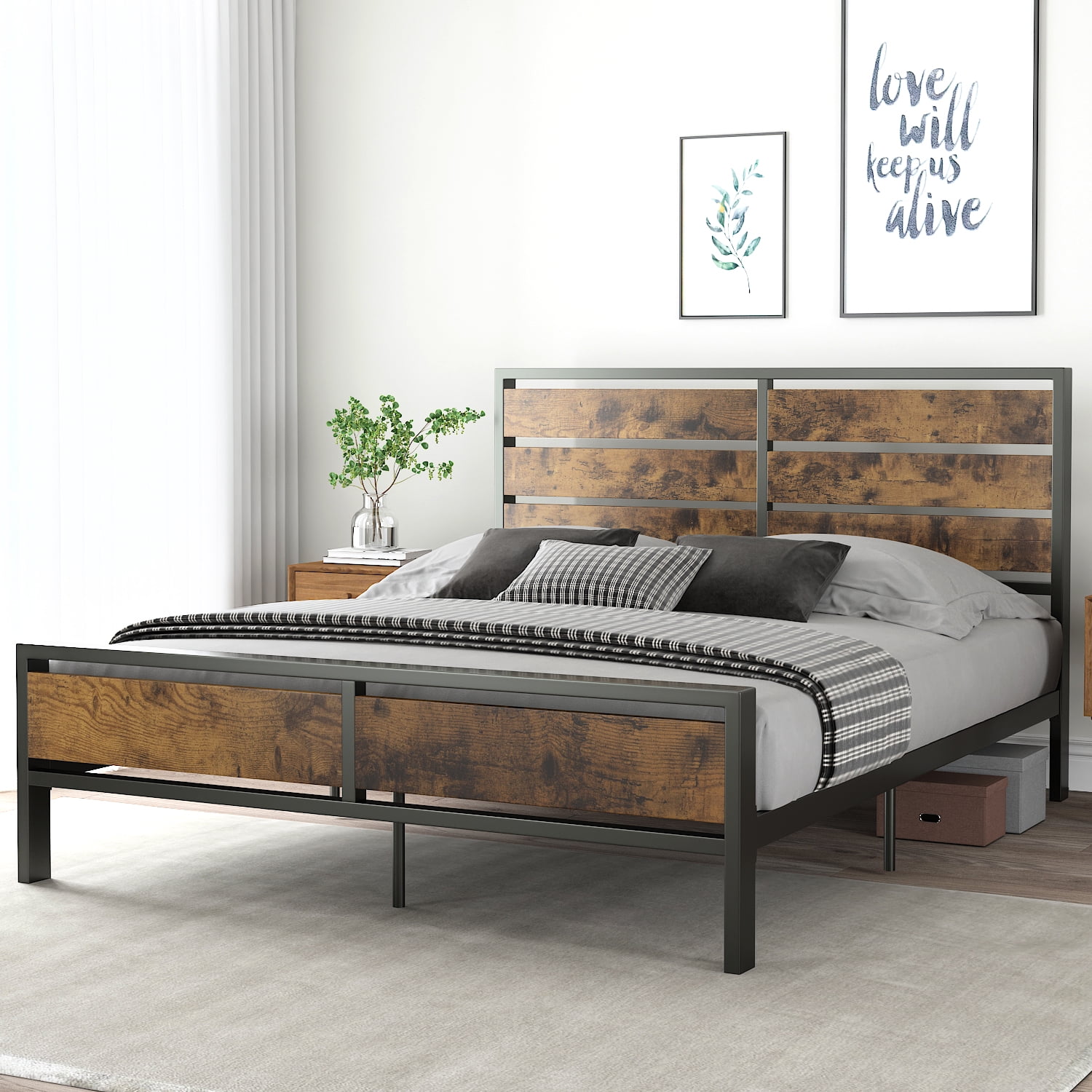 Amolife Queen Size Bed Frame With Wood, Metal Vs Wood Bed Frame