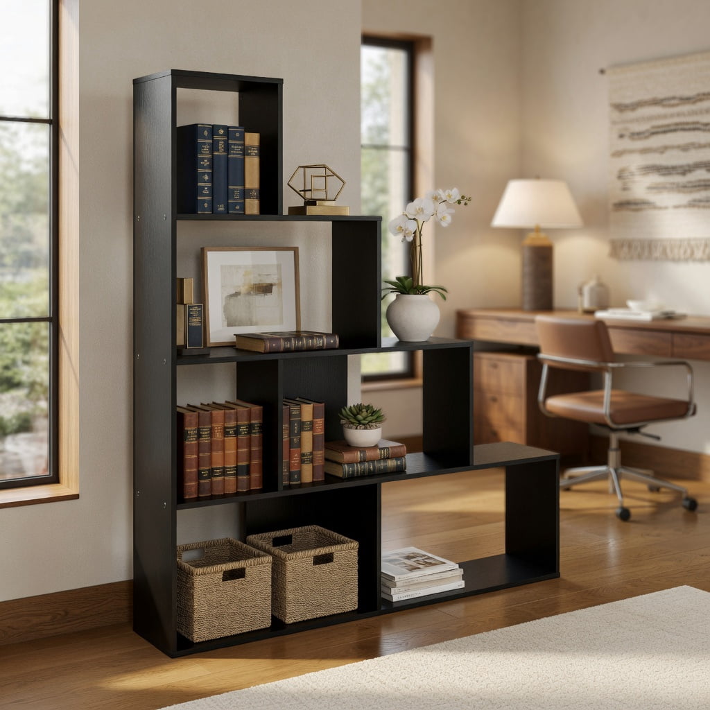 Barara King 4-Tier Modern Stepped Bookshelf with 6 Storage Cubes, Bookcase Display Standing Shelf for Living Room, Bedroom, Office Room, Study Room, Black