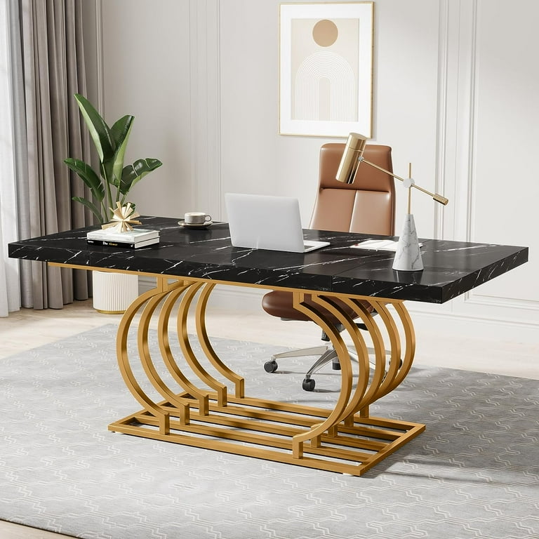 Tribesigns Black and Gold Executive Desk 63 Modern Office Desk Large Computer Desk Home Office Desk with Gold Metal Frame Wood Workstation Study