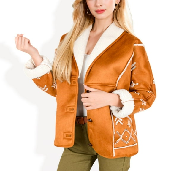 Women's Embroidered Faux Shearling Jacket with Shawl Collar - Large, Coffee