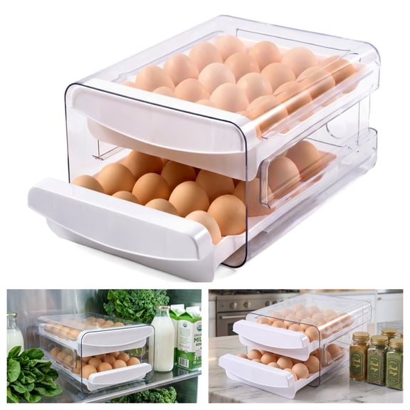 Egg Holder for Refrigerator - 2 Tier Stackable 40 Eggs Organizer with Drawer and Handles for Fridge, Countertop, Clear