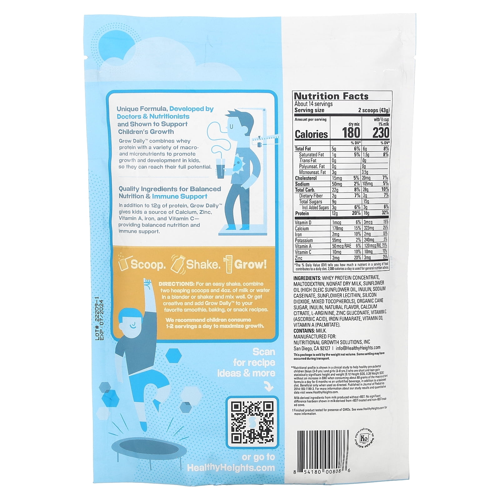 Healthy Heights Grow Daily, Whey Protein & Nutrition Mix, for Kids 3+, Vanilla, 21.7 oz (616 G)