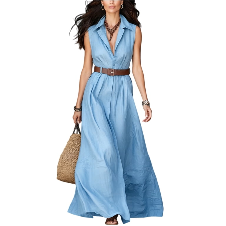blue resort dress Stralyhd Vacation Dresses for Women Minimalist Solid Sleeveless Shirt Belted Wear Floor Maxi Sky 3XL, Women's Ana dress selling silhouette and refreshes SIZE UP FOR THIS STYLE:Small 7/8 M&Co Petite Silver & fitted through the waist and hips