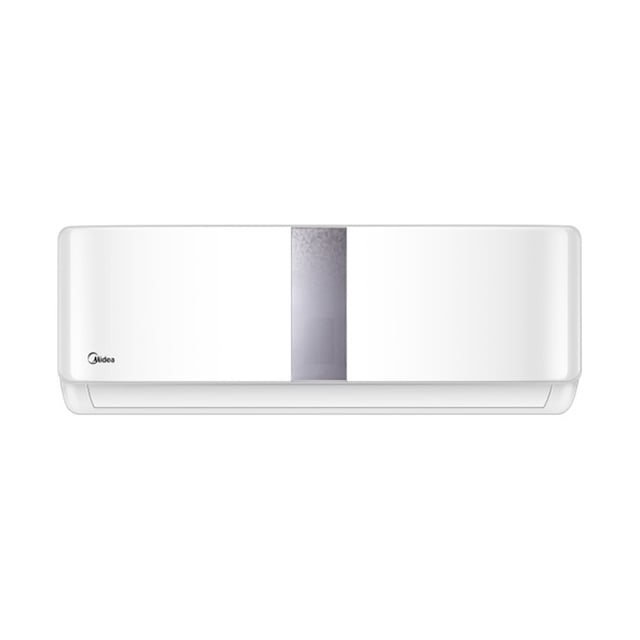 aire acondicionado midea frío/calor 210 volts 1 tonelada blanco mas12h2asr, vista frontal centrada de unidad de pared con panel blanco y franja vertical central plateada, rejilla de salida inferior y logotipo Midea en la esquina izquierda; incluye modo nocturno, sensor Sígueme y modo silencio, 210 V; suele usarse en recámaras o salas pequeñas.
