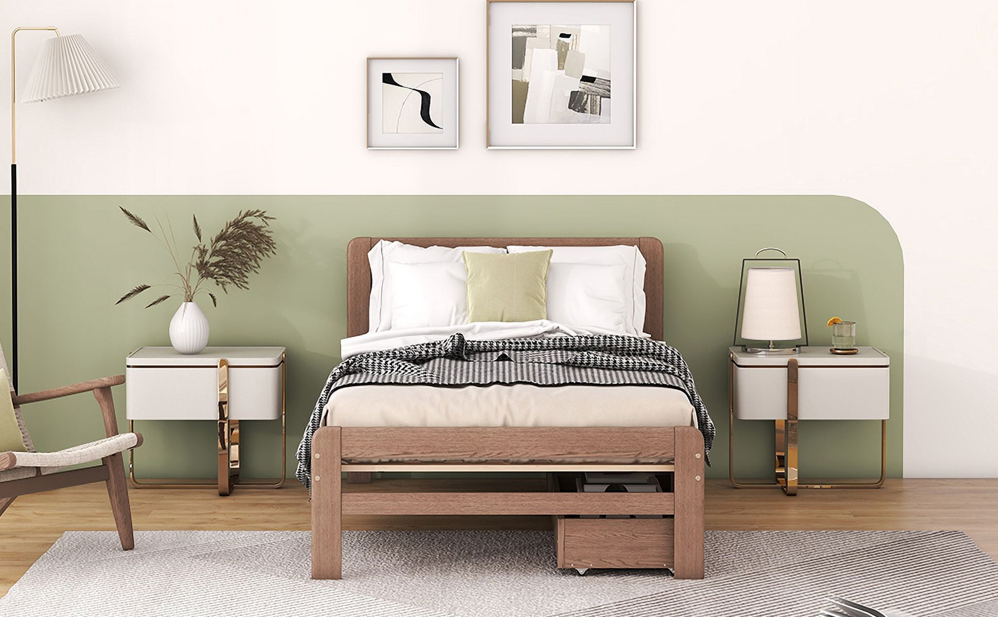 Aukfa Platform Bed with 2 Storage Drawers, Twin Bed Frame with Headboard for Kids, Wood - Walnut