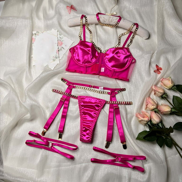 Set of satin lace with lining (bra + panties), pink, red petals