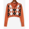 thumbnail image 3 of ZECATLWomen's Long Sleeve V-Neck Argyle Knitted Crop Sweater Pullover Tops, 3 of 6