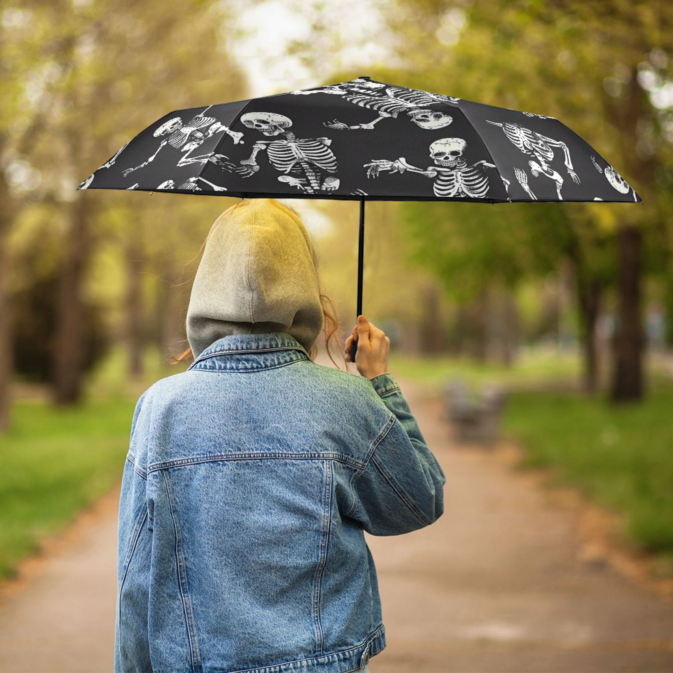 Skeletons Skull Compact Sun Umbrella Windproof Travel Umbrellas for Rain Strong Portable UV Protection