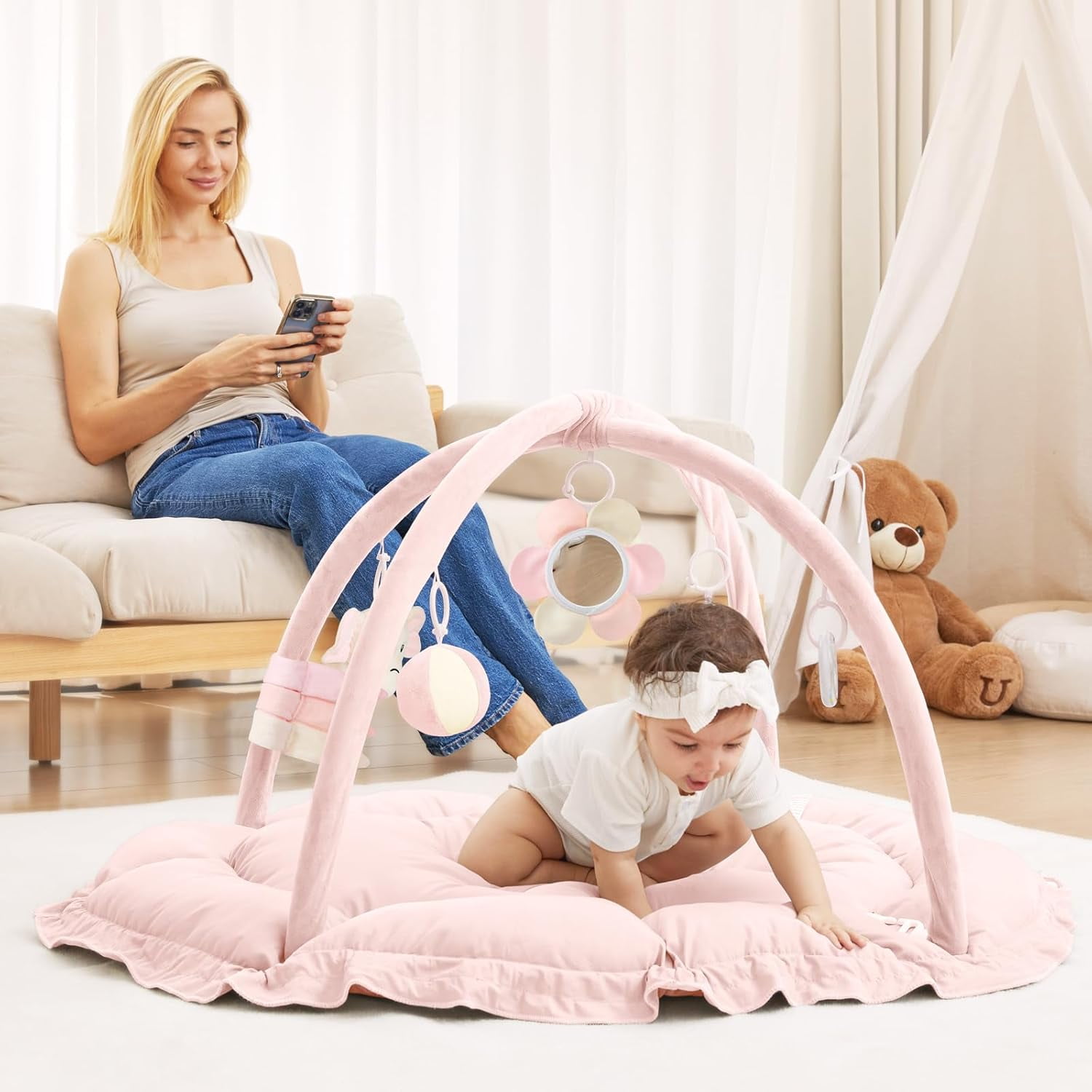 5 in 1   Gym Mat, Reversible Tummy  Mat with 5 Sensory Toys for Stage-Based Developmental, Thick & Large  Activity Center from Newborn to Toddler (Pink)