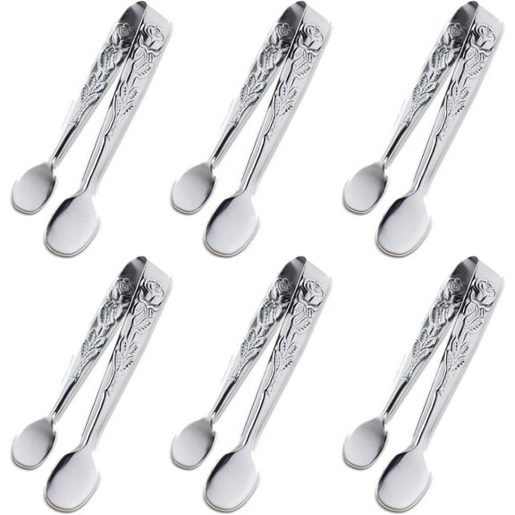 6PCS Mini Serving Tongs, 4Inch Rose Stainless Steel Sugar Cube Tongs, Sliver Small Ice Tong for Tea and Coffee Party, Appetizers, Desserts by Sunenlyst (6PCS Silver)