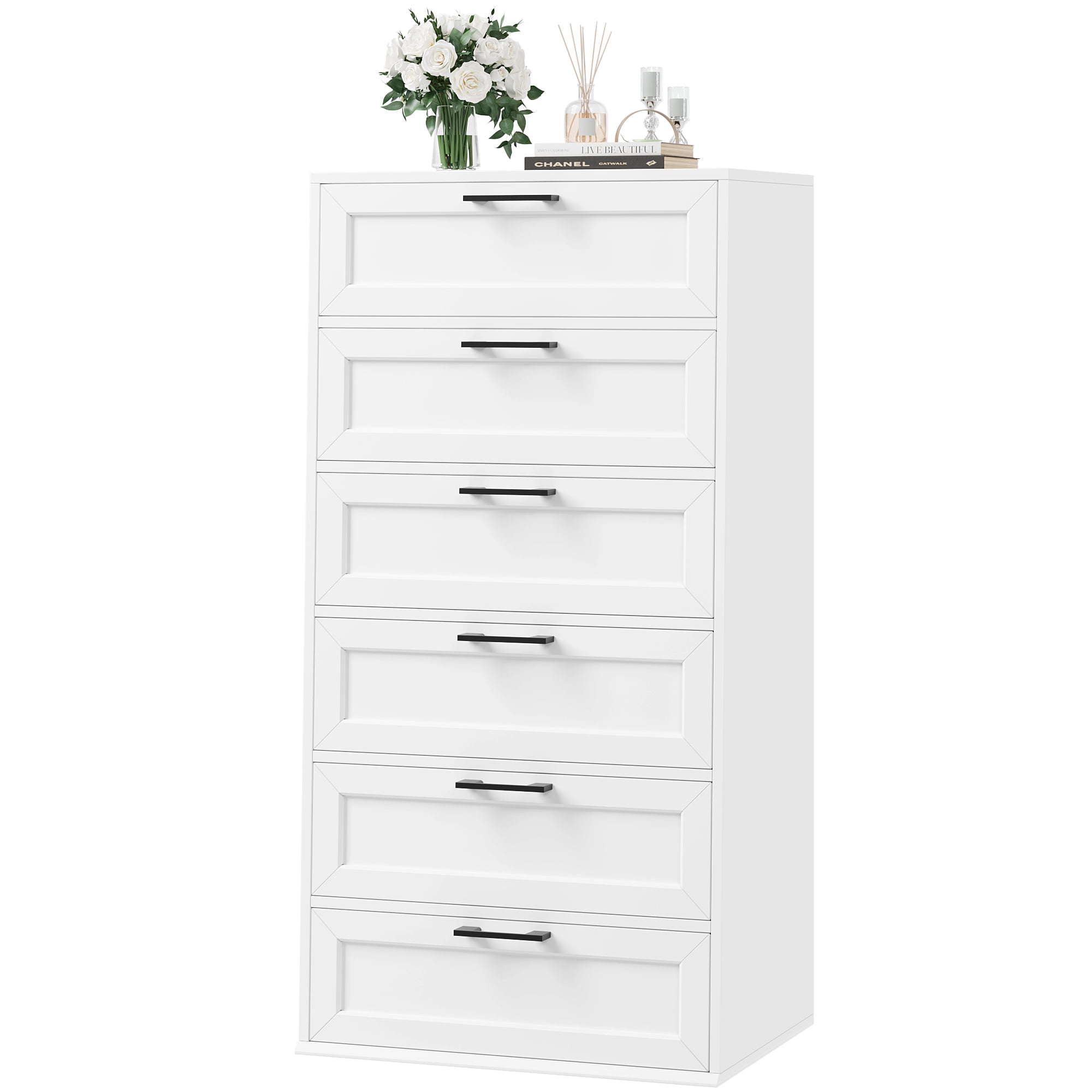 Homfa 6 Drawer White Dresser, Tall Chest of Drawer Dresser for Bedroom Living Room with Metal Handles
