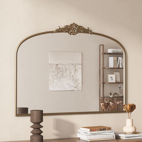 WGYPRIME 40"x30" Arched Wall Mirror, Arched Antique Brass Mirror with Full Metal Frame, Baroque Traditional Ornate Makeup Mirror for Bathroom, Living Room, Entryway