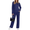 thumbnail image 2 of Women's 2 Piece Lounge Set Pleated Crewneck Top and Wide Leg Pants Relaxed Casual Fleece Travel Matching Outfit, 2 of 7