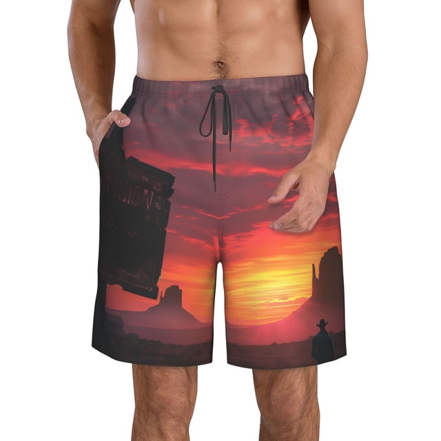 Balery Sunset Western Desert Cowboy Traje de Baño Estilo Hawaiano para Hombre, Shorts de Secado Rápido con Bolsillos-Small