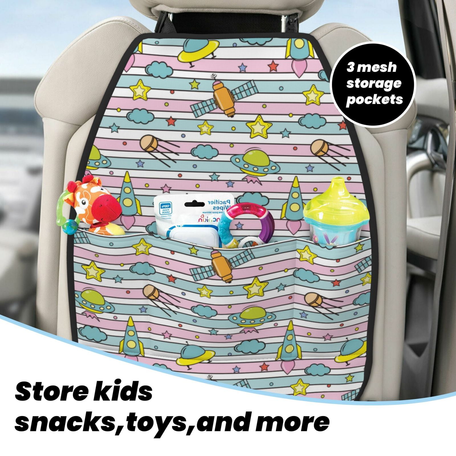 Kdxio Space Doodle Print 2 Pack Car Kick Mat Seat Cover Back Protector Mat with Pockets for Organizer Backseat Protector and Storage Anti Kick Pad for Vehicles