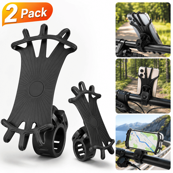 2 Pack Universal Bike Phone Mounts, 360 Rotation Silicone Holders for iPhone and Samsung, Compatible with 4.7-6.8 Inches Phones, Easy Installation