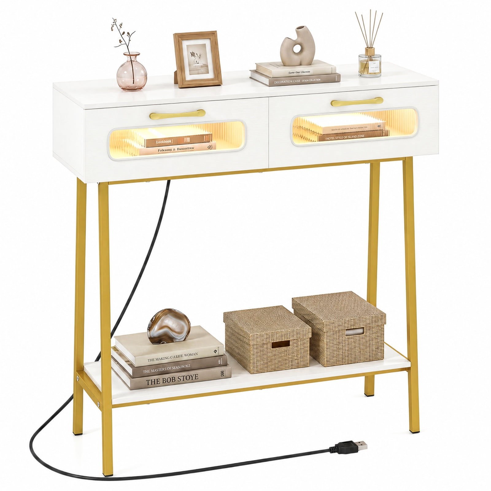 Furnibear Console Table with LED Lights and Open Shelf Entryway Table with 2 Drawers for Living Room Hallway Entrance Sofa, White
