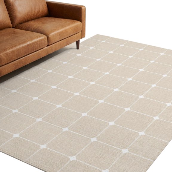Light Beige Checkered Area Rug 5x7ft Modern Minimalist Geometric Grid Lines Plaid Non-Slip Washable Rectangle Rugs Soft Felt Indoor Floor Mat for Bedroom Kitchen Living Room Bathroom