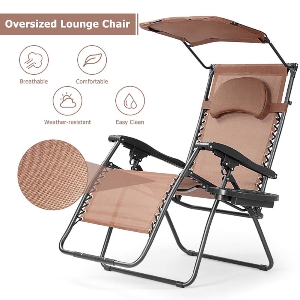 Aimee Lii Folding Recliner Lounge Chair with Shade Canopy Cup Holder, Outdoor Patio Furniture, Brown