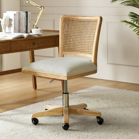 Swivel Office Chair Wooden Rattan Back Adult Task Chair Living Office Room, Beige