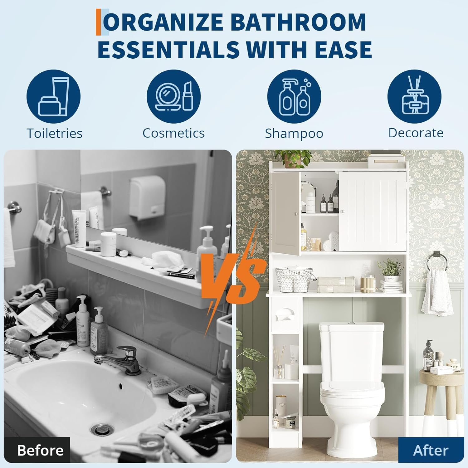 Twister.CK Over The Toilet Storage Cabinet with Toilet Paper Holder Double Door Bathroom Organizer Shelf with Adjustable Shelves, White