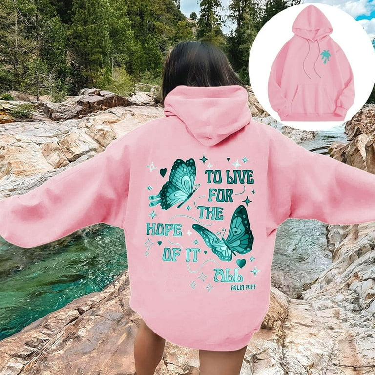 JULMCOMO Pink Palm Puff Hoodie Preppy Oversized Long Sleeve JULMCOMO Pink Palm Puff Hoodie Preppy Oversized Long Sleeve