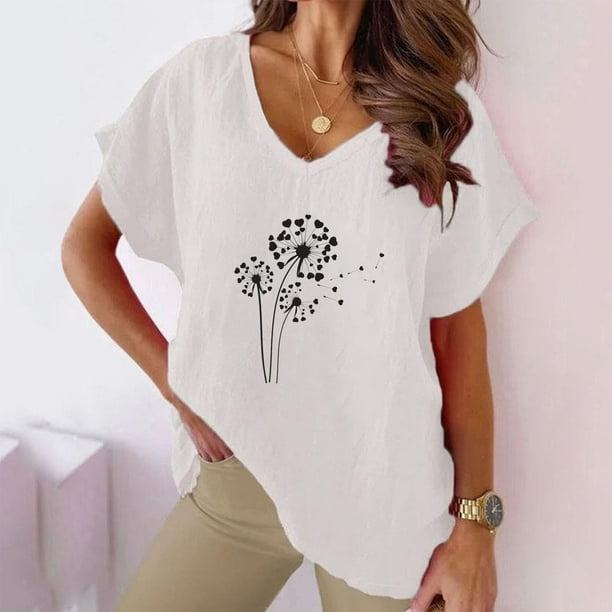 Fiudx Tops para Mujer Camiseta de Manga Corta con Cuello En V y Estampado Informal para Mujer