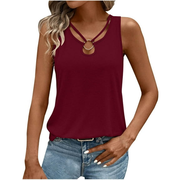 Womens Tank Tops Summer Sleeveless Ribbed Knit Sexy Shirts Casual Cut Out Ring Keyhole Neck Tanks Hollow