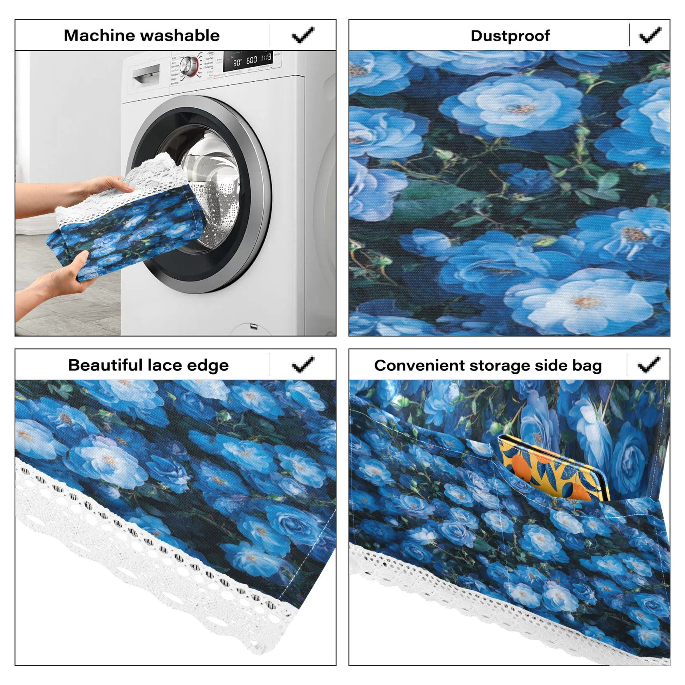 Blue RoseWasher and Dryer Covers Dust-Proof and Oil Resistant Fridge Cover with 4 Storage Pockets Washing Machine Top Cover for Laundry Kitchen Home 51.2 x 22 In
