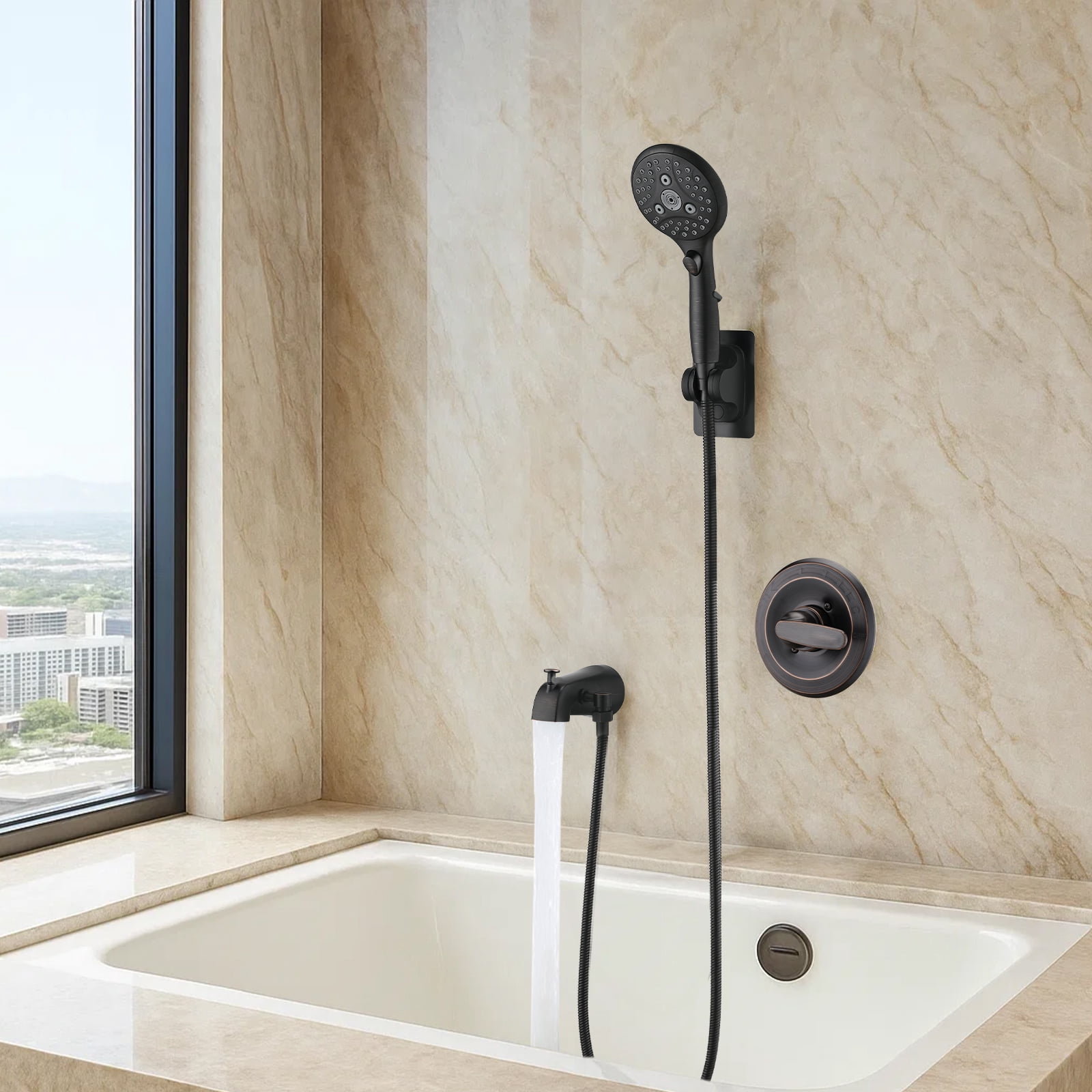 Freestanding Bathtub Faucet Lift-Up Diverter Tub Spout with 6 Settings Handheld Shower in Oil Rubbed Bronze (Rough-in Valve Not Included),Freestanding Tub Filler