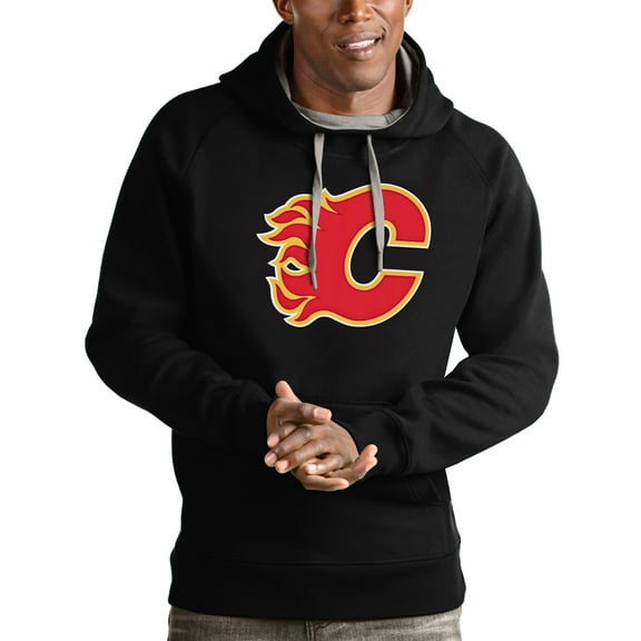 Men's Antigua Black Calgary Flames Logo Victory Pullover Hoodie