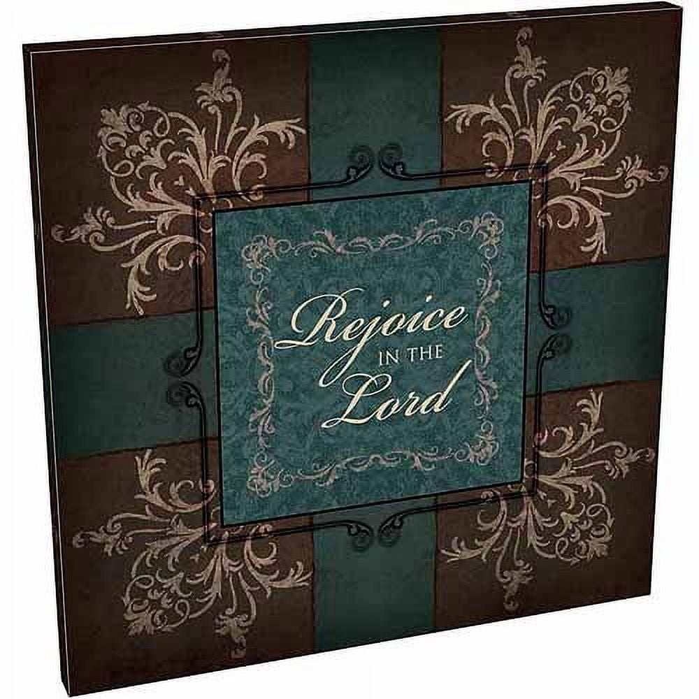 Rejoice in The Lord Panel Ornate Corner Scroll Religious Typography Brown & Blue Canvas Art by Pied Piper Creative