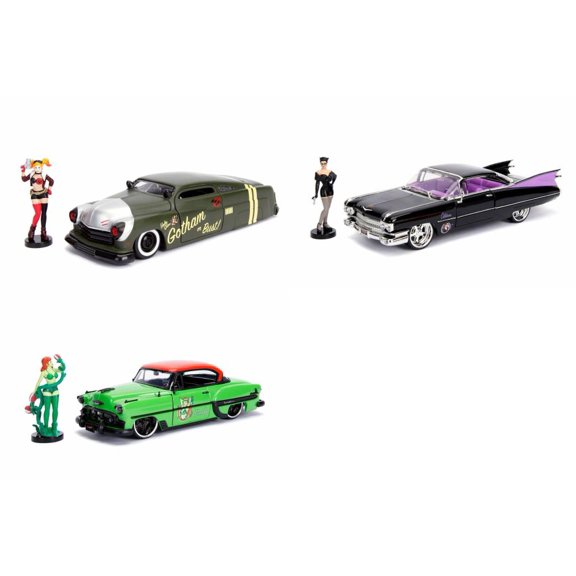 DC Comics Bombshells Supervillainess Diecast Toy Car Package - Three 1/24 Scale Diecast Model Cars w/figurines