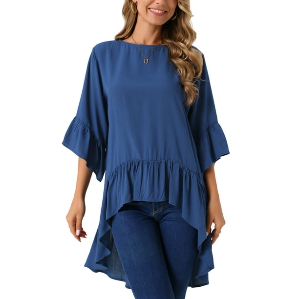 INSPIRAR CHIC Blusas Asimétricas de Mujer con Mangas de Campana 3/4, Cuello Redondo, Espalda con Abertura, Dobladillo con Volantes, Talla XL, Azul Oscuro