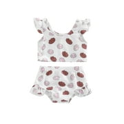 Genuiskids Toddler Infant Baby Girl Swimsuit Two Piece Set Kid Print Plaid Pattern Bathing Suit Fly Sleeve Tops Matching Shorts Beachwear