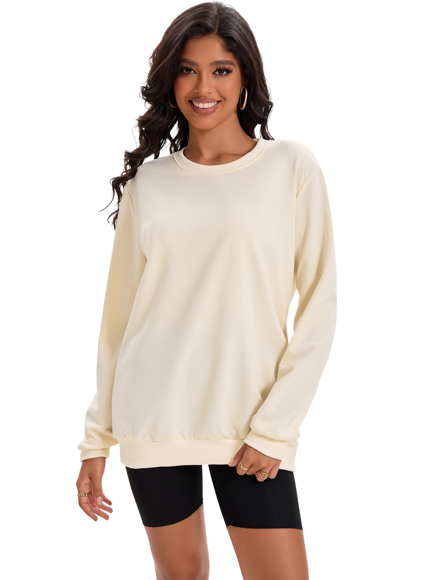 Unique Bargains Womens Sweatshirt Crew Neck Long Sleeve Pullover Shirts M Apricot