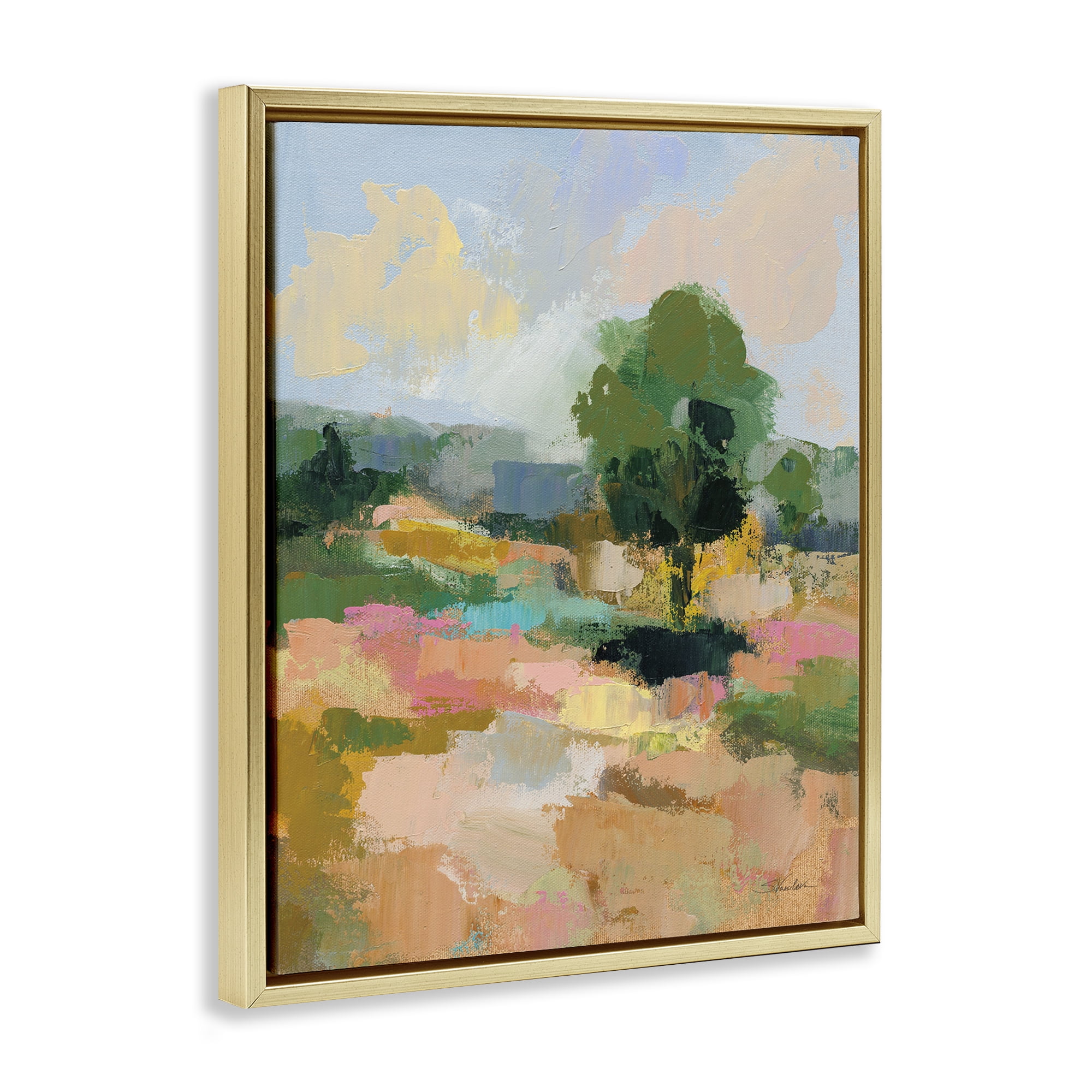 Stupell Industries Lone Tree Abstraction Landscape Painting Gold Floater Framed Art Print Wall Art, 17 x 21