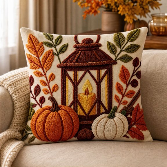 Fall Harvest Embroidery Throw Pillow Cover, 17.72 Inch Linen Pumpkin Cushion Case for Sofa Couch Thanksgiving Home Decor