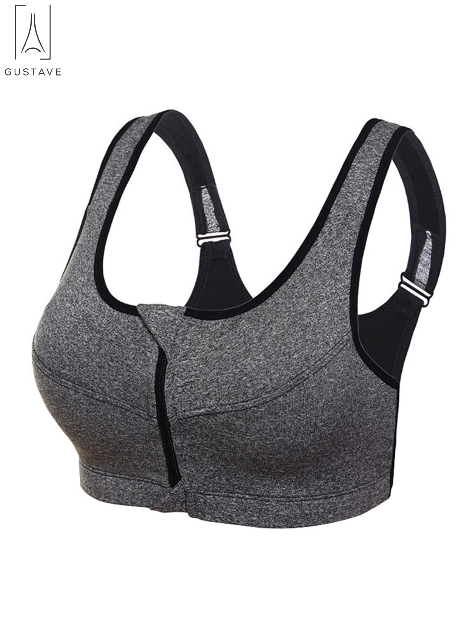 Gustave Women High Impact Front Zip Sports Bra Push Up Padded Workout Yoga Bras Wirefree Shockproof Fitness Vest Tops "Gray,L" - image 5 of 10
