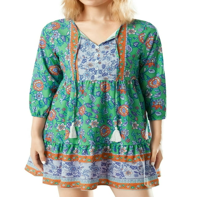 Femmes Boho Mini Robe Floral Lanterne Manches V-Cou Bouton Robe Volant Plage Vacances d'Été Robe