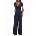 thumbnail image 2 of Womens V Neck Short Sleeve Top Wide Leg Pants Casual Comfortable Outfit Set Two Piece Dark Blue [Short Sleeve] M, 2 of 5