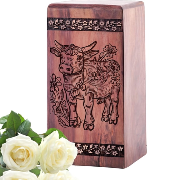 YATHABHISA Wooden Cow Urn For Human Ashes Adult Male/Female, Memorial Urns, Unique Wood Funeral Urn, Cremation Urns For Adult - Cow Design - Large Size - 11.25 Inches